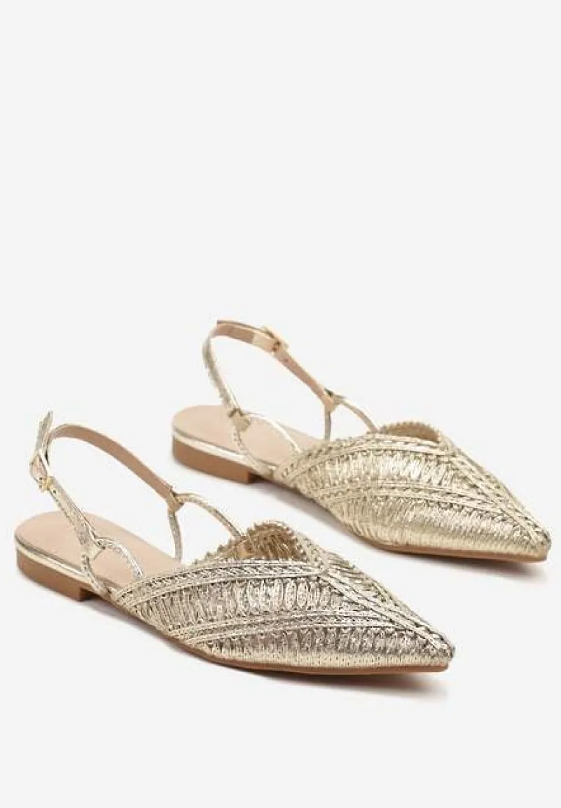 Złote Sandały Vices Slingback z Plecioną Cholewką i Metaliczną Nicią Nilannia