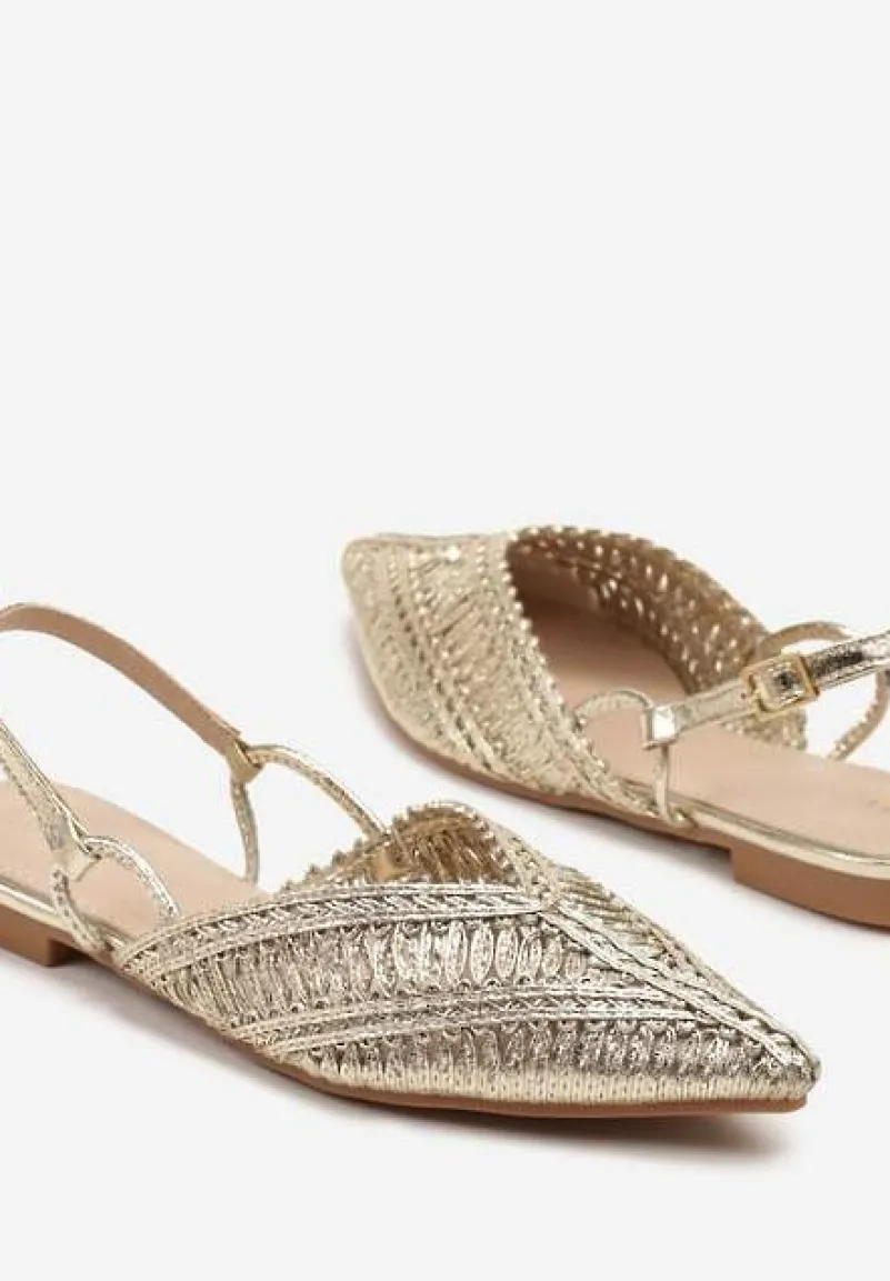 Złote Sandały Vices Slingback z Plecioną Cholewką i Metaliczną Nicią Nilannia