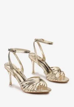 Złote Sandały Vices z Ozdobnymi Paseczkami na Szpilce Zapinane na Sprzączkę Poriena