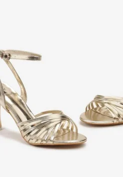 Złote Sandały Vices z Ozdobnymi Paseczkami na Szpilce Zapinane na Sprzączkę Poriena