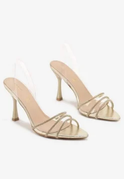 Złote Sandały Vices ze Skórzaną Wkładką Transparentną Cholewką i Cyrkoniami Novarissea