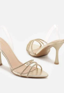 Złote Sandały Vices ze Skórzaną Wkładką Transparentną Cholewką i Cyrkoniami Novarissea