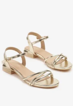 Złote Sandały Vices ze Splecionymi Paskami na Niskim Słupku Lunitelia