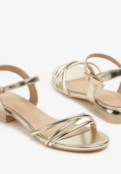 Złote Sandały Vices ze Splecionymi Paskami na Niskim Słupku Lunitelia