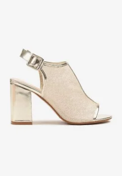 Złote Sandały w Stylu Botków na Słupku z Brokatem i Klamerką Boltewi