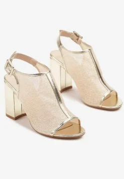Złote Sandały w Stylu Botków na Słupku z Brokatem i Klamerką Boltewi