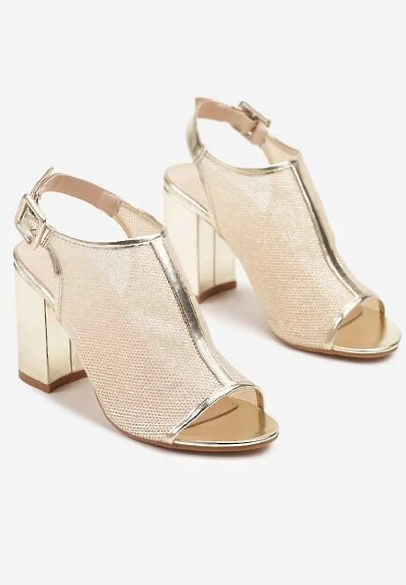 Złote Sandały w Stylu Botków na Słupku z Brokatem i Klamerką Boltewi