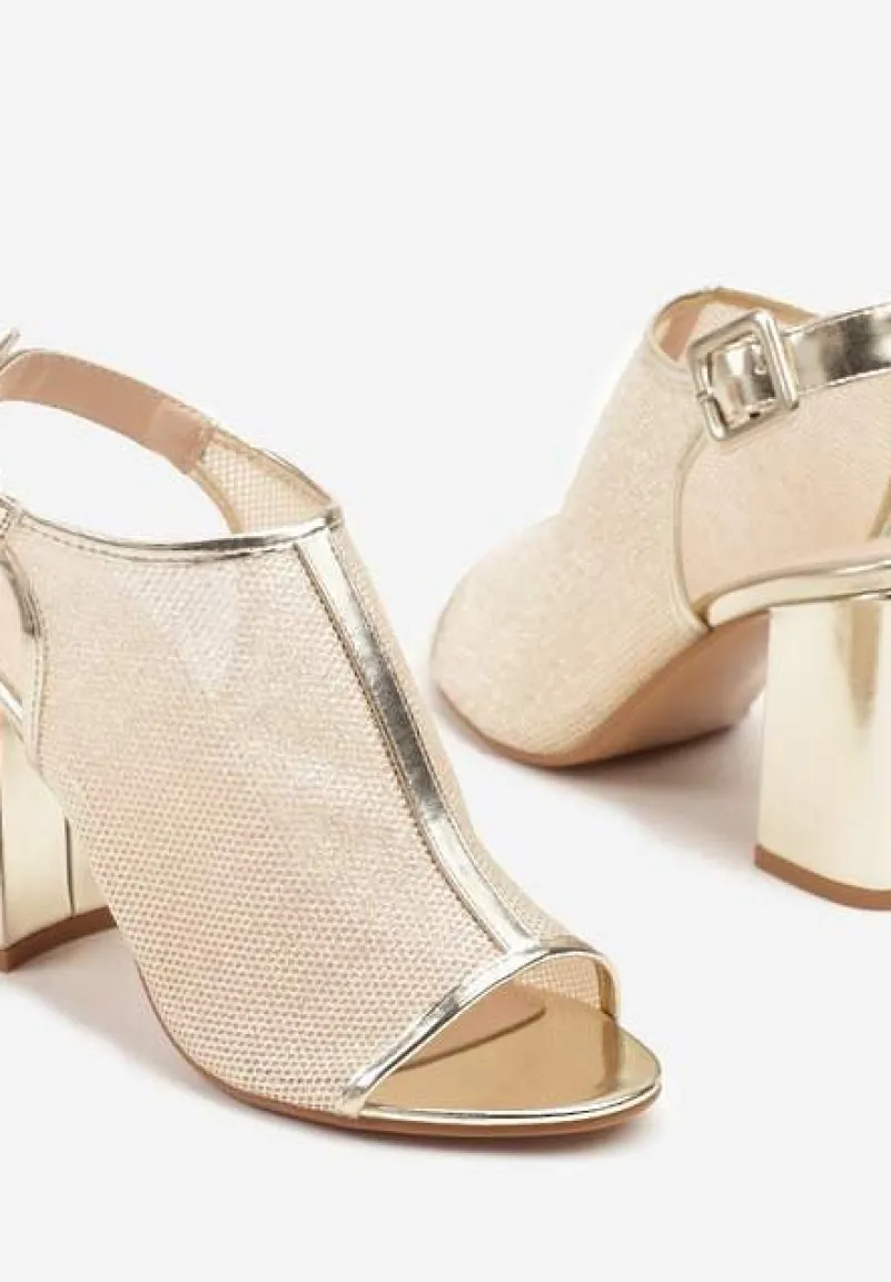 Złote Sandały w Stylu Botków na Słupku z Brokatem i Klamerką Boltewi