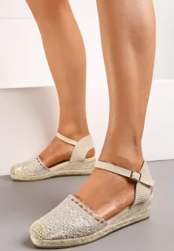 Złote Sandały w Stylu Espadryli na Koturnie z Plecionką i Ażurowym Noskiem Bellisae