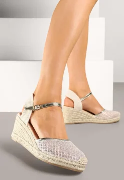 Złote Sandały w Stylu Espadryli z Plecionką i Siateczką Meranella