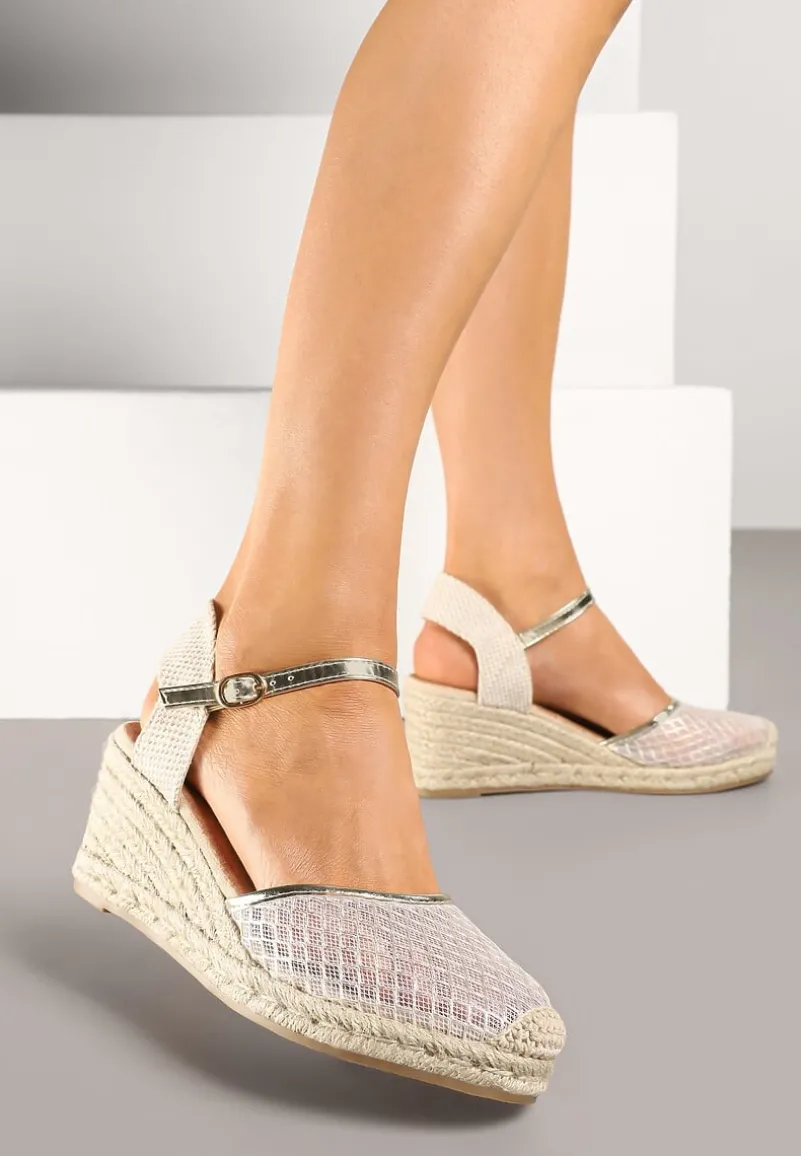 Złote Sandały w Stylu Espadryli z Plecionką i Siateczką Meranella