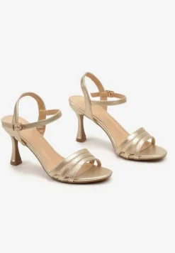 Złote Sandały z Ekoskóry na Szpilce Zapinane na Sprzączkę Ploemis