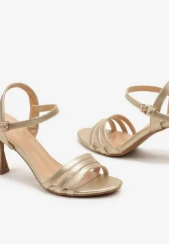 Złote Sandały z Ekoskóry na Szpilce Zapinane na Sprzączkę Ploemis