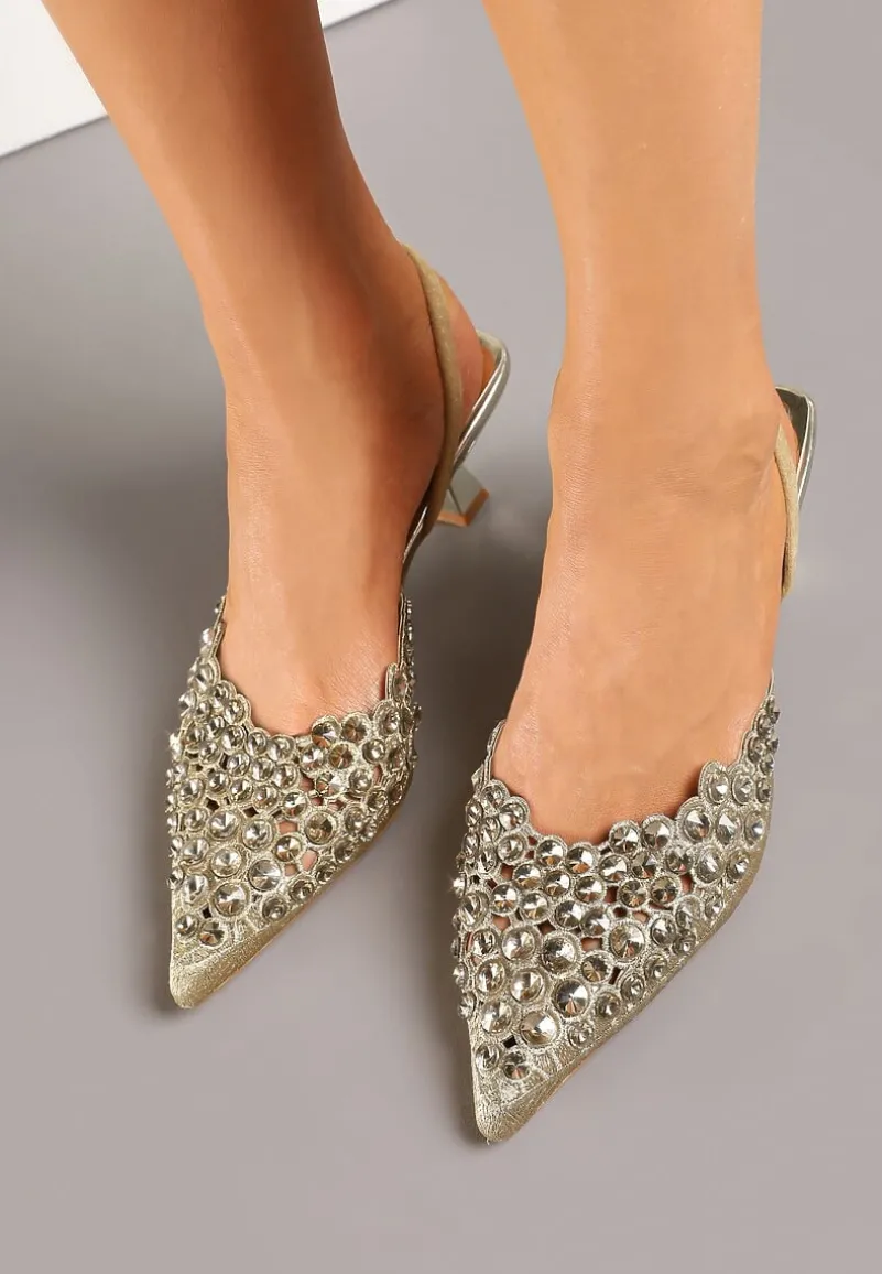 Złote Sandały z Kryształkami na Obcasie Kaczuszka Lenavia