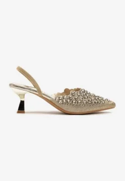 Złote Sandały z Kryształkami na Obcasie Kaczuszka Lenavia