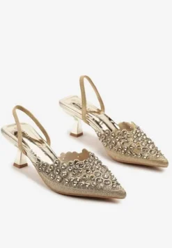 Złote Sandały z Kryształkami na Obcasie Kaczuszka Lenavia