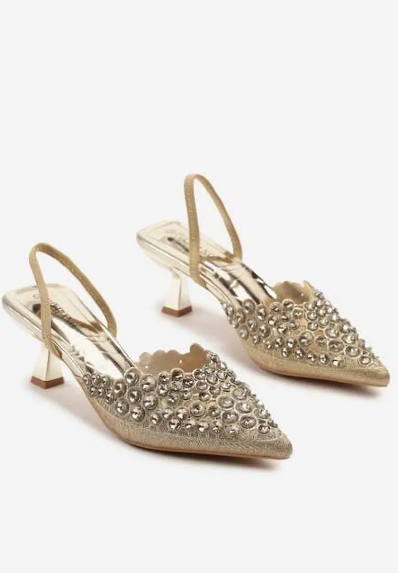 Złote Sandały z Kryształkami na Obcasie Kaczuszka Lenavia