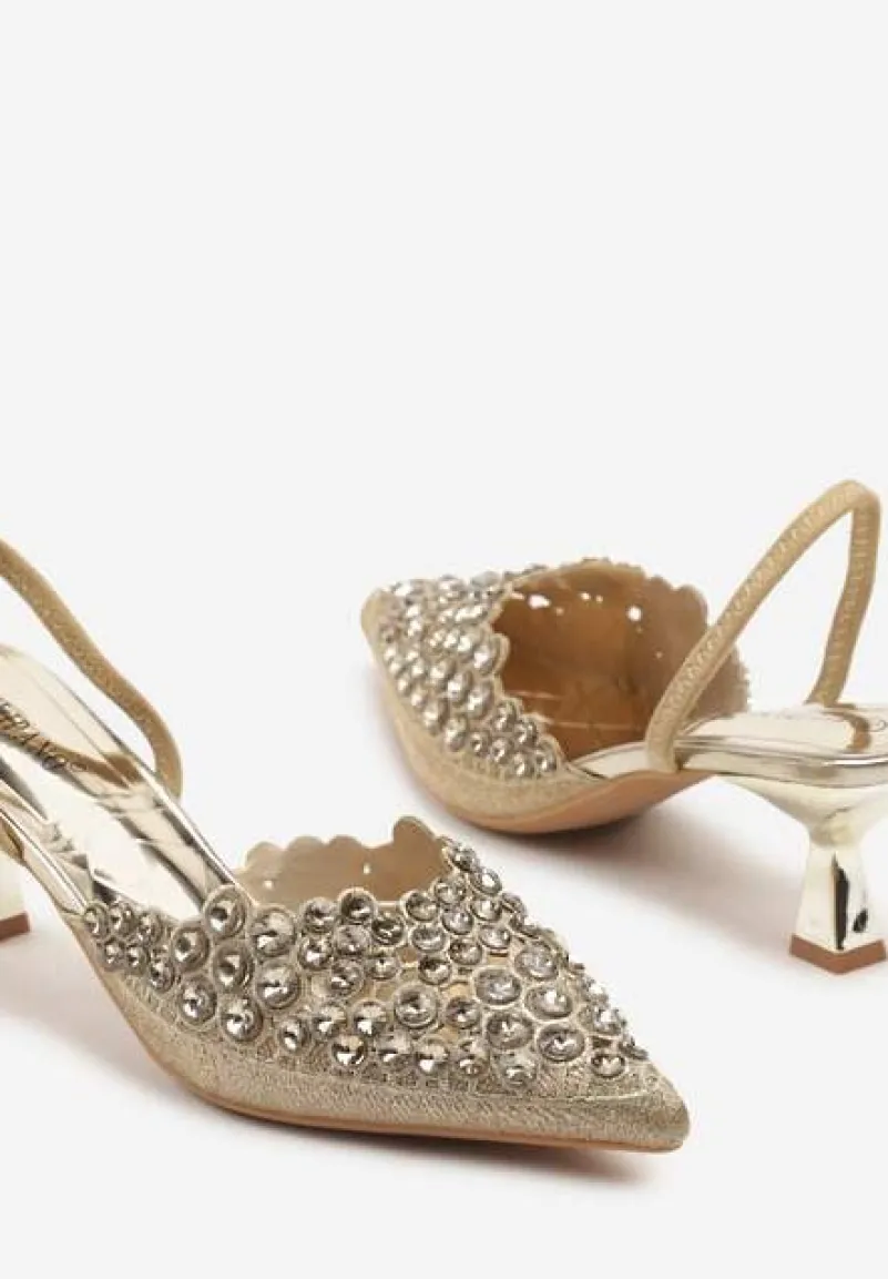 Złote Sandały z Kryształkami na Obcasie Kaczuszka Lenavia