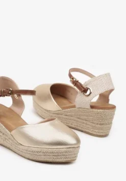 Złote Sandały z Plecionką na Koturnie w Stylu Espadryli Effilania