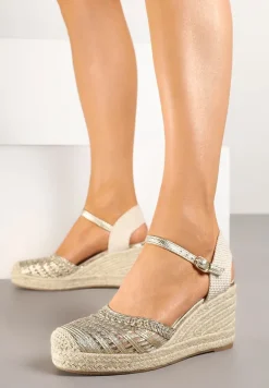 Złote Sandały z Plecionki na Koturnie z Wkładką ze Skóry Naturalnej Zoliena