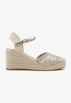 Złote Sandały z Plecionki na Koturnie z Wkładką ze Skóry Naturalnej Zoliena
