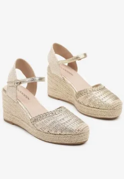 Złote Sandały z Plecionki na Koturnie z Wkładką ze Skóry Naturalnej Zoliena
