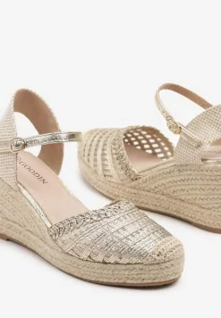 Złote Sandały z Plecionki na Koturnie z Wkładką ze Skóry Naturalnej Zoliena