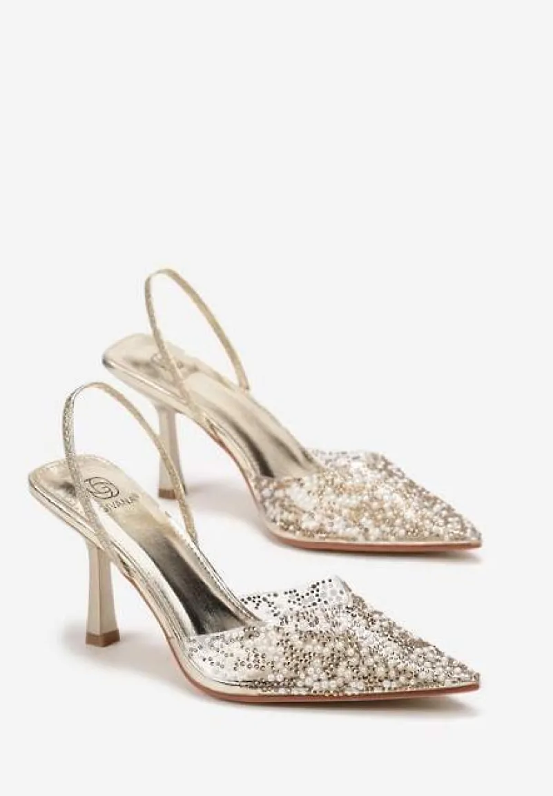 Złote Sandały z Transparentnym Noskiem na Szpilce Ozdobione Perłami i Cyrkoniami Halene