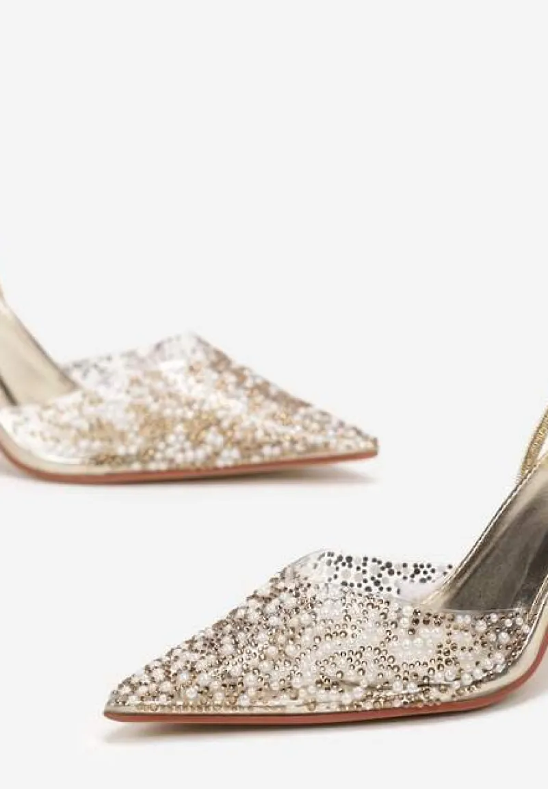 Złote Sandały z Transparentnym Noskiem na Szpilce Ozdobione Perłami i Cyrkoniami Halene