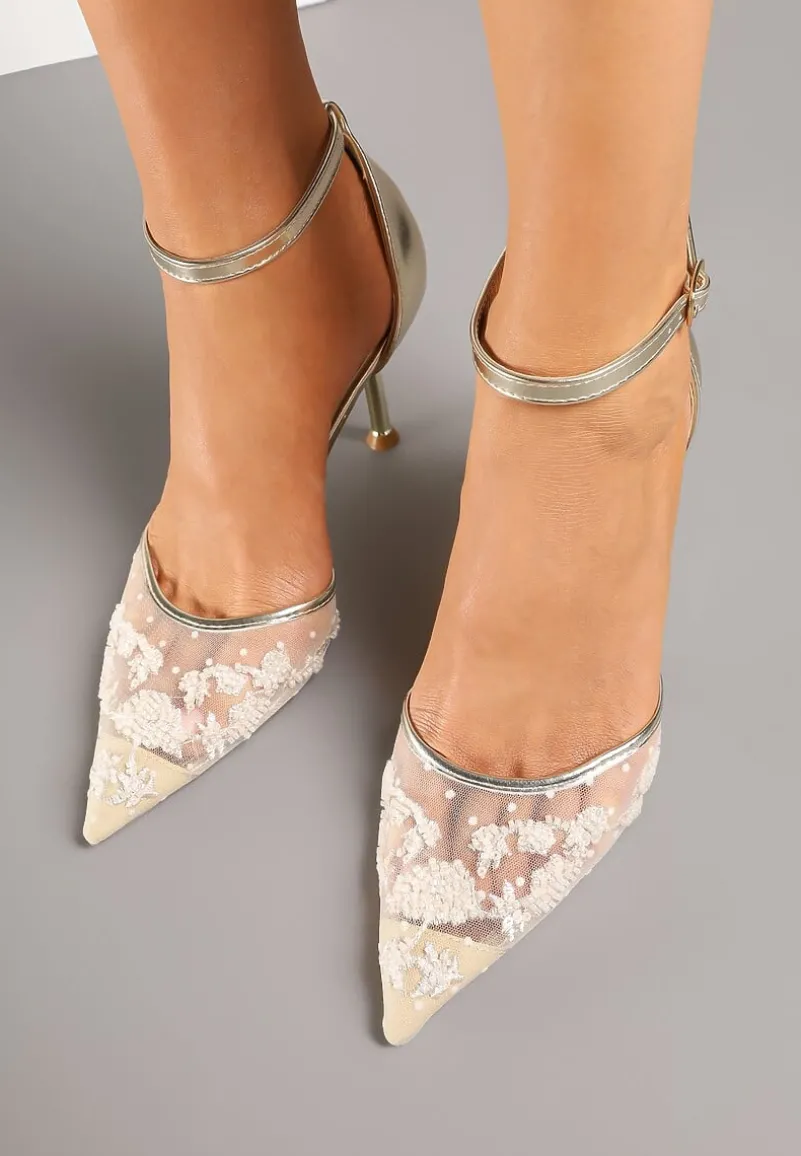 Złote Sandały z Transparentną Siateczką i Cekinami na Szpilce z Zapięciem wokół Kostki Olithwena