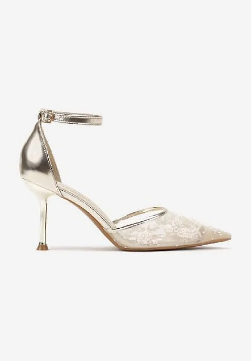 Złote Sandały z Transparentną Siateczką i Cekinami na Szpilce z Zapięciem wokół Kostki Olithwena