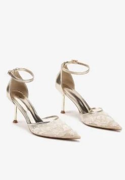 Złote Sandały z Transparentną Siateczką i Cekinami na Szpilce z Zapięciem wokół Kostki Olithwena