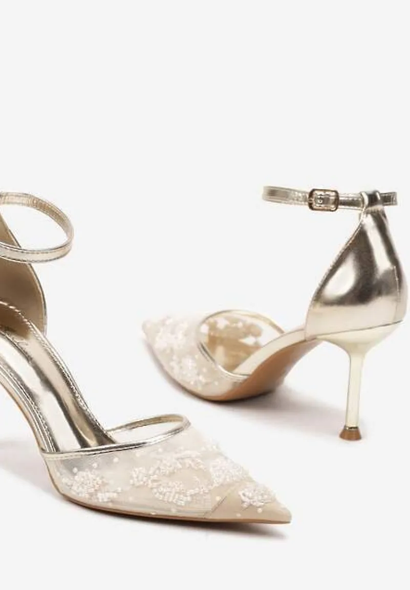 Złote Sandały z Transparentną Siateczką i Cekinami na Szpilce z Zapięciem wokół Kostki Olithwena