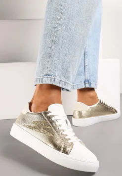 Złote Sneakersy z Brokatem i Przeszyciami Abigadia