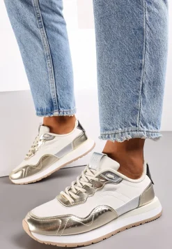 Złote Sneakersy Zdobione Wstawkami z Imitacji Skóry Fayela