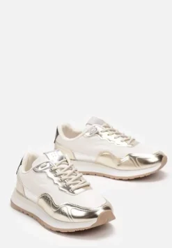 Złote Sneakersy Zdobione Wstawkami z Imitacji Skóry Fayela