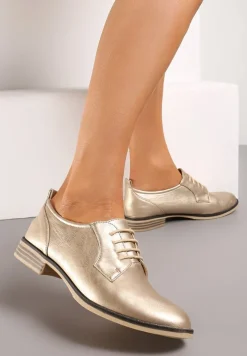 Złote Sznurowane Półbuty na Płaskim Obcasie Tarlimi