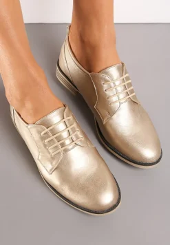 Złote Sznurowane Półbuty na Płaskim Obcasie Tarlimi