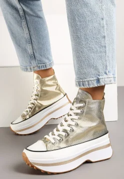 Złote Sznurowane Trampki za Kostkę na Platformie Ealsevia
