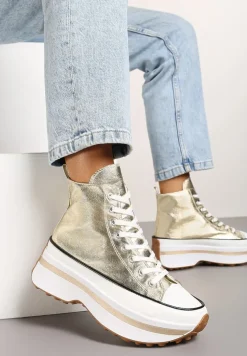 Złote Sznurowane Trampki za Kostkę na Platformie Ealsevia