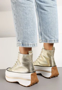 Złote Sznurowane Trampki za Kostkę na Platformie Ealsevia