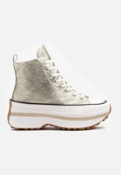 Złote Sznurowane Trampki za Kostkę na Platformie Ealsevia