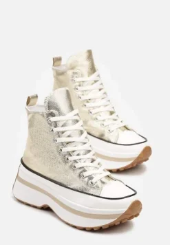 Złote Sznurowane Trampki za Kostkę na Platformie Ealsevia