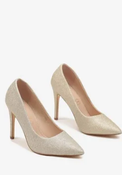 Złote Szpilki na Obcasie Vices z Wkładką ze Skóry Naturalnej Zdobione Brokatem Resirya
