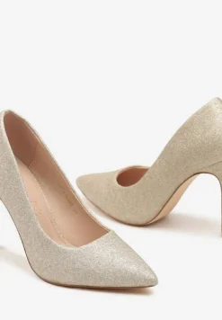 Złote Szpilki na Obcasie Vices z Wkładką ze Skóry Naturalnej Zdobione Brokatem Resirya