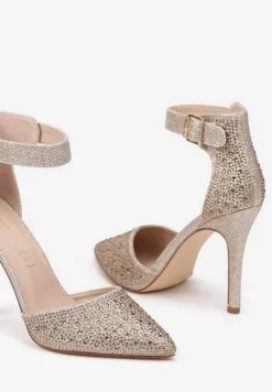 Złote Szpilki Vices z Drobnymi Cyrkoniami i Skórzaną Wkładką Vortinia