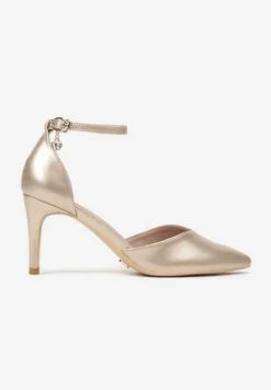 Złote Szpilki Vices z Wkładką ze Skóry Naturalnej i Ozdobnym Paskiem Korori