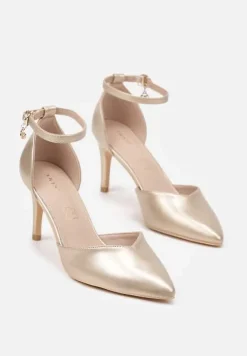 Złote Szpilki Vices z Wkładką ze Skóry Naturalnej i Ozdobnym Paskiem Korori