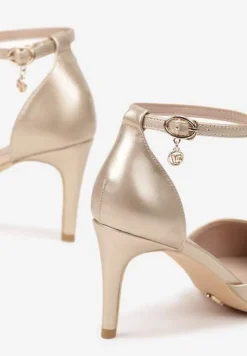 Złote Szpilki Vices z Wkładką ze Skóry Naturalnej i Ozdobnym Paskiem Korori