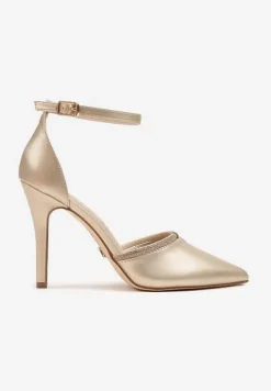 Złote Szpilki Vices z Wkładką ze Skóry Naturalnej i Ozdobnym Cyrkoniowym Paskiem Lizzeth